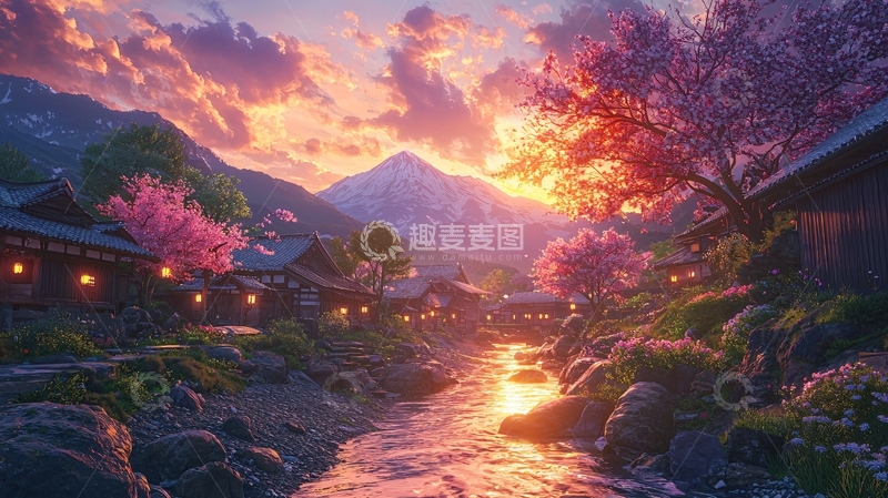 高清大图下载【趣麦麦图】山间樱花村落日暮美景