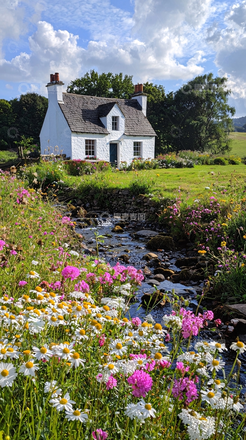 高清大图下载【趣麦麦图】田园小屋溪流花朵