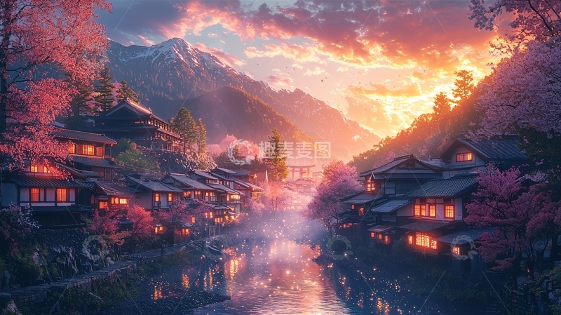 高清大图下载【趣麦麦图】宁静小镇傍山傍水落日