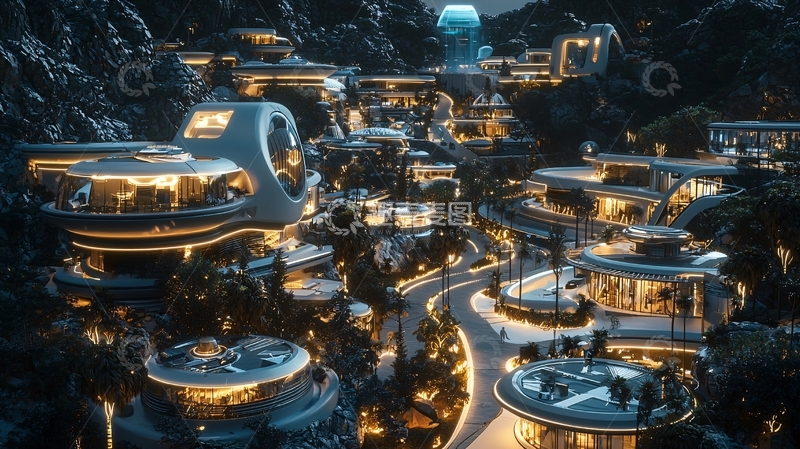 高清大图下载【趣麦麦图】山崖上的未来都市