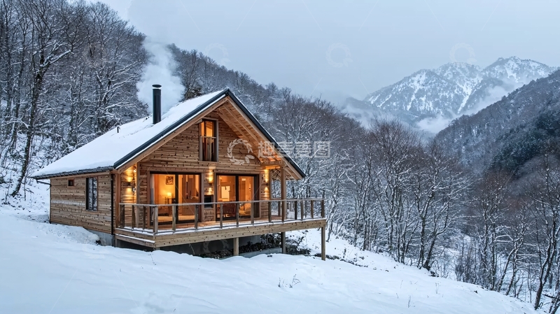 高清大图下载【趣麦麦图】雪山下的木屋