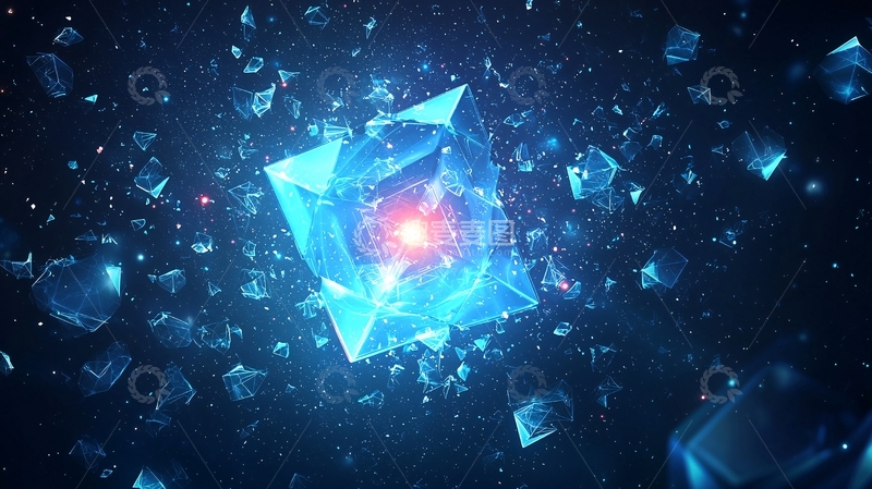 高清大图下载【趣麦麦图】蓝色发光立方体周围漂浮碎片
