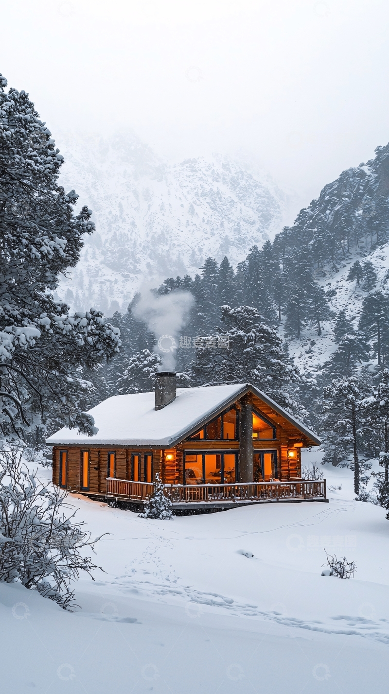 高清大图下载【趣麦麦图】雪山中的温暖木屋