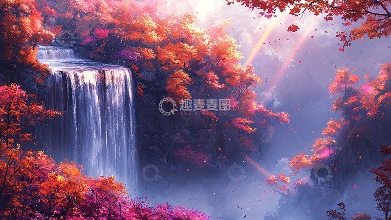 高清大图下载【趣麦麦图】梦幻瀑布粉色树林