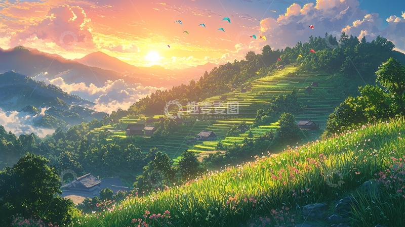 高清大图下载【趣麦麦图】夕阳下的田园山景