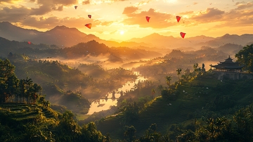 山间日落下的河流