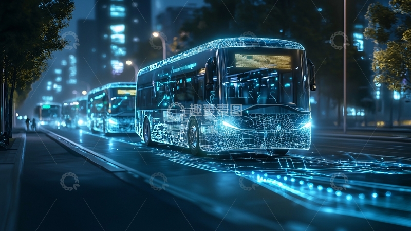 高清大图下载【趣麦麦图】夜间城市自动驾驶公交车队