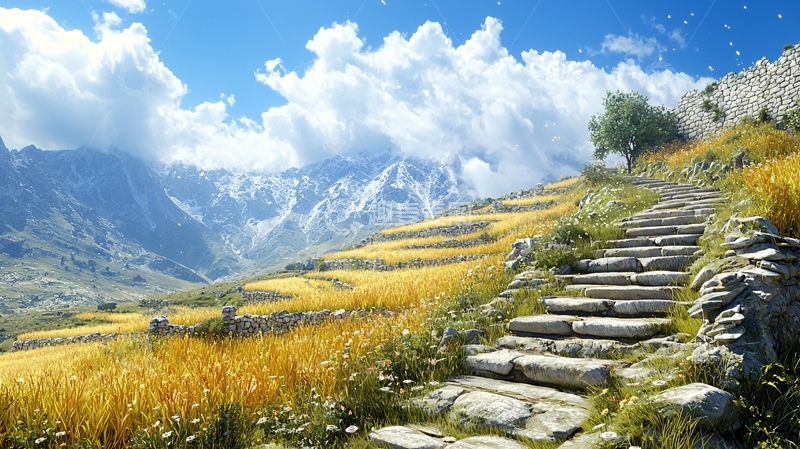 高清大图下载【趣麦麦图】金色麦田里的石阶小路