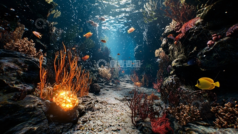 高清大图下载【趣麦麦图】海底峡谷珊瑚礁鱼群