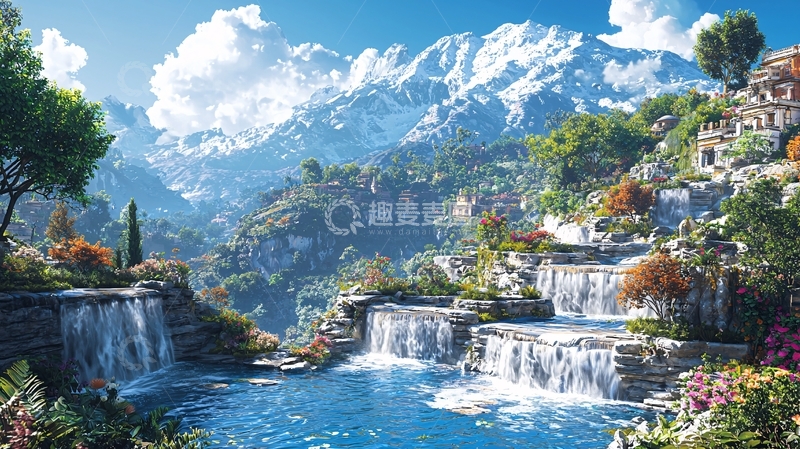 高清大图下载【趣麦麦图】山水瀑布小镇风景如画
