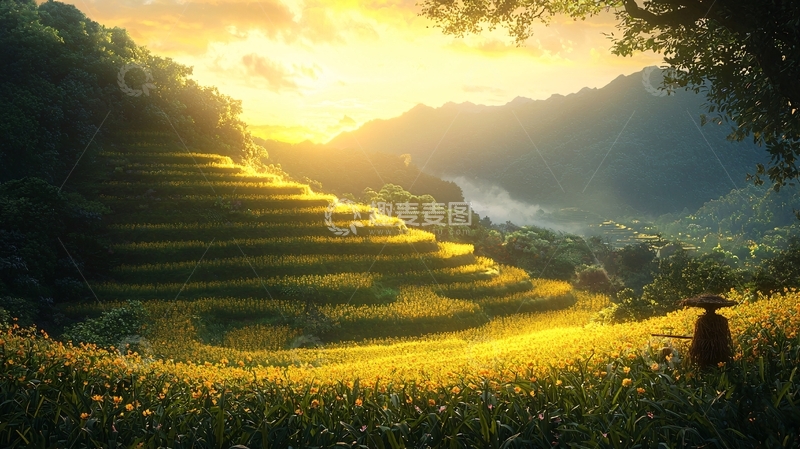 高清大图下载【趣麦麦图】金色阳光下的梯田风光