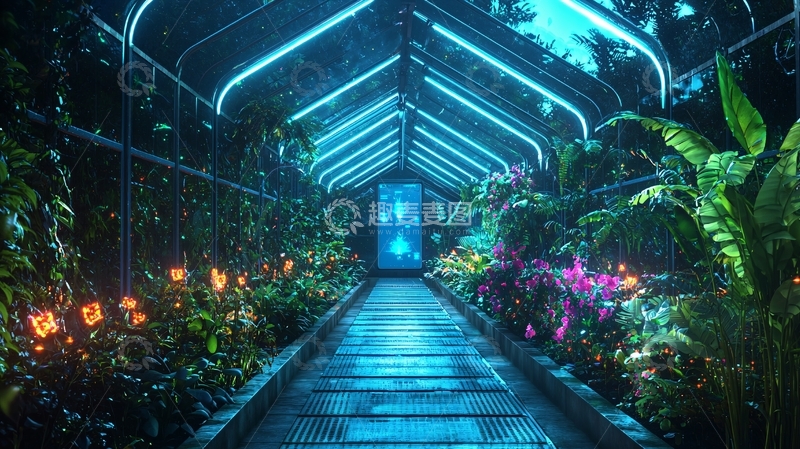 高清大图下载【趣麦麦图】霓虹灯下的热带植物长廊