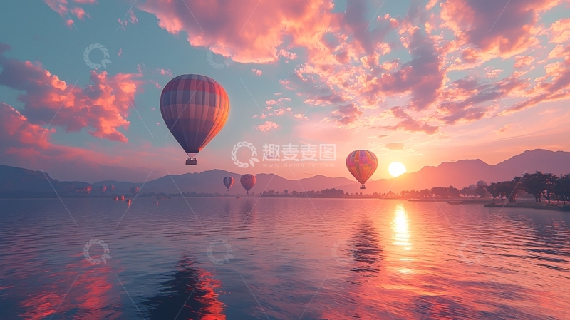 高清大图下载【趣麦麦图】热气球湖面日出