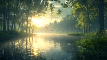 阳光穿透树林照亮湖面