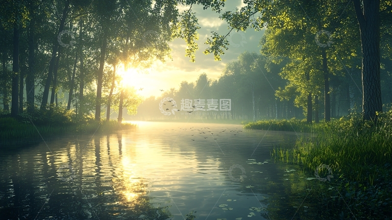 高清大图下载【趣麦麦图】阳光穿透树林照亮湖面
