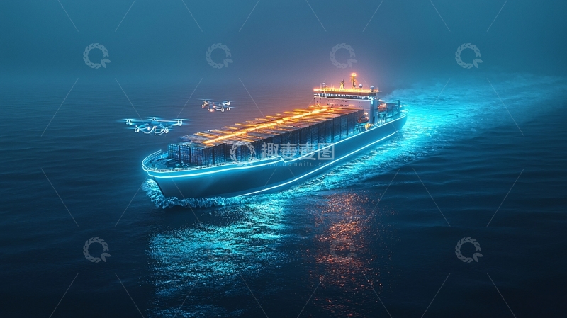 高清大图下载【趣麦麦图】夜晚航行的智能货轮