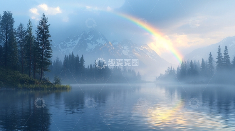 高清大图下载【趣麦麦图】湖面彩虹森林山脉的宁静景色