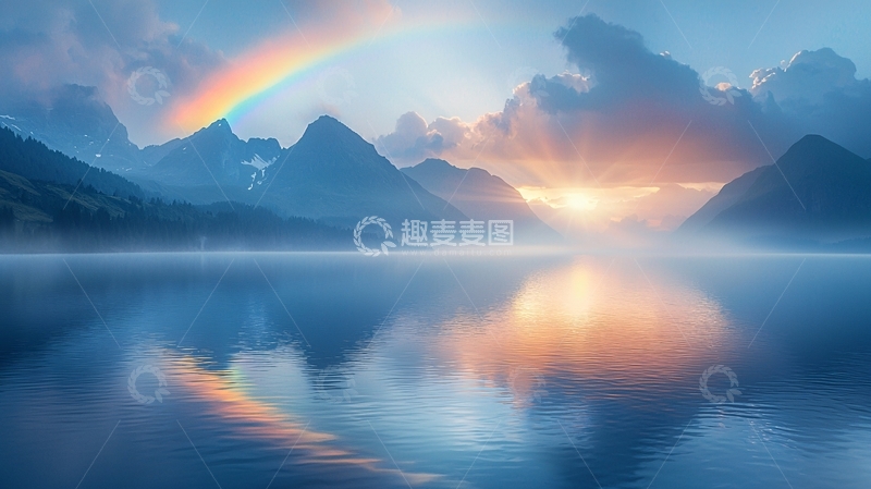 高清大图下载【趣麦麦图】湖面彩虹山脉日出