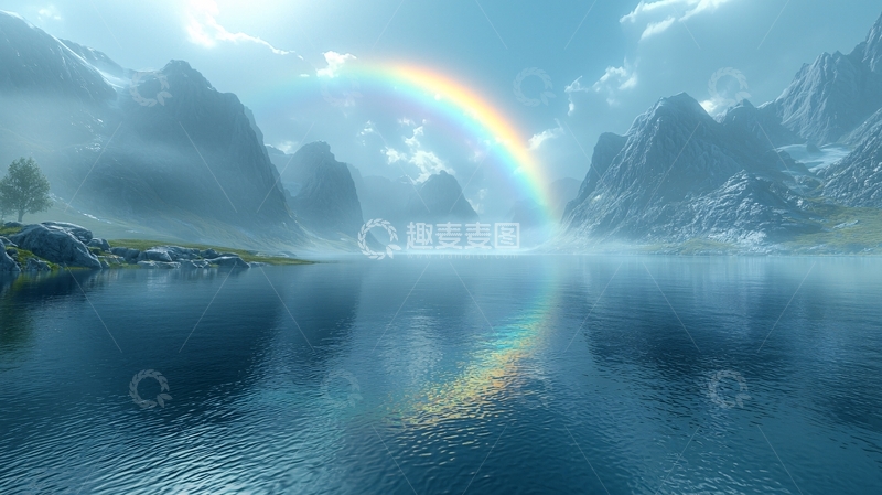 高清大图下载【趣麦麦图】湖面彩虹山景如画