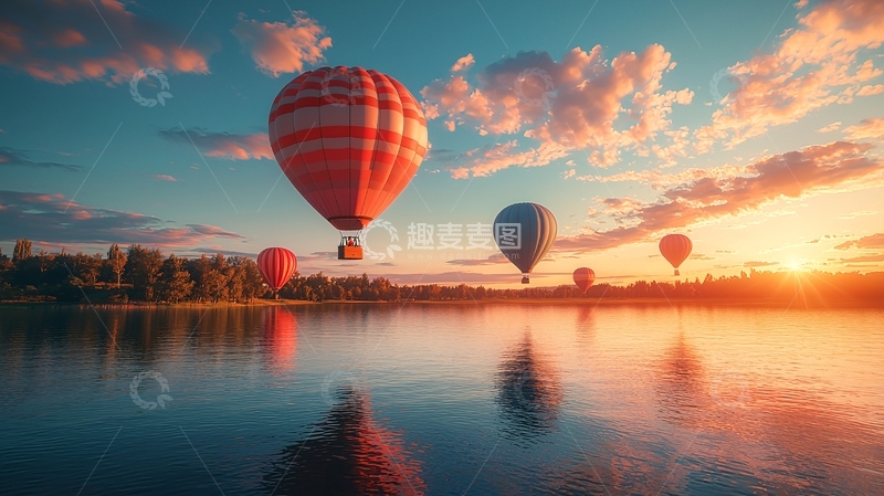 高清大图下载【趣麦麦图】热气球湖面日落美景