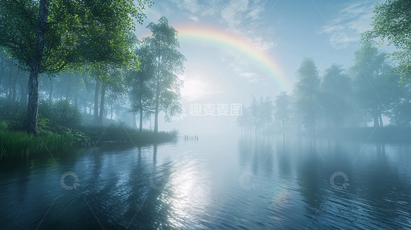 高清大图下载【趣麦麦图】静谧湖面上的彩虹森林