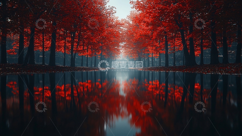 高清大图下载【趣麦麦图】红色树木倒影在水面的秋景