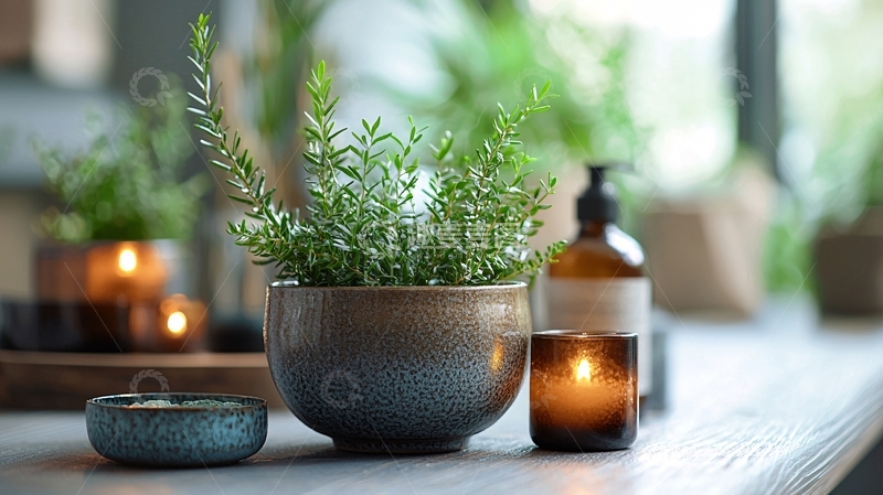 高清大图下载【趣麦麦图】室内盆栽与蜡烛光影