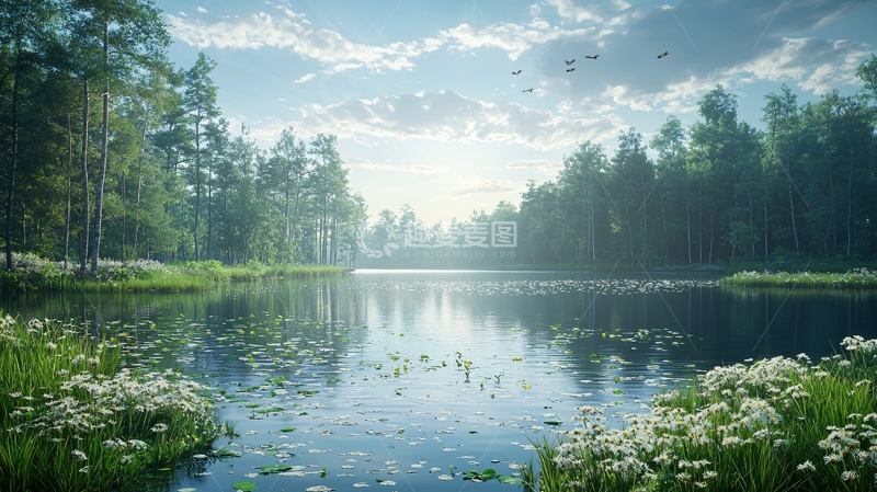 高清大图下载【趣麦麦图】宁静湖面森林倒影