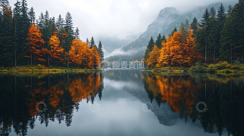 高清大图下载【趣麦麦图】宁静湖面倒影秋色森林