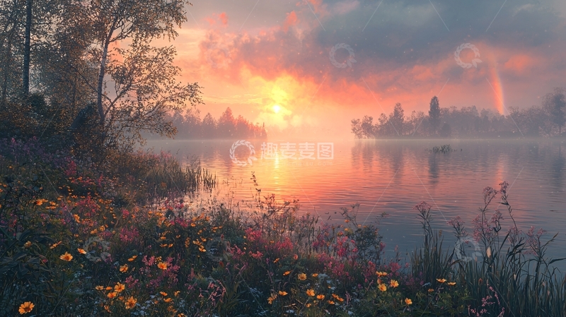 高清大图下载【趣麦麦图】宁静的湖面日出美景