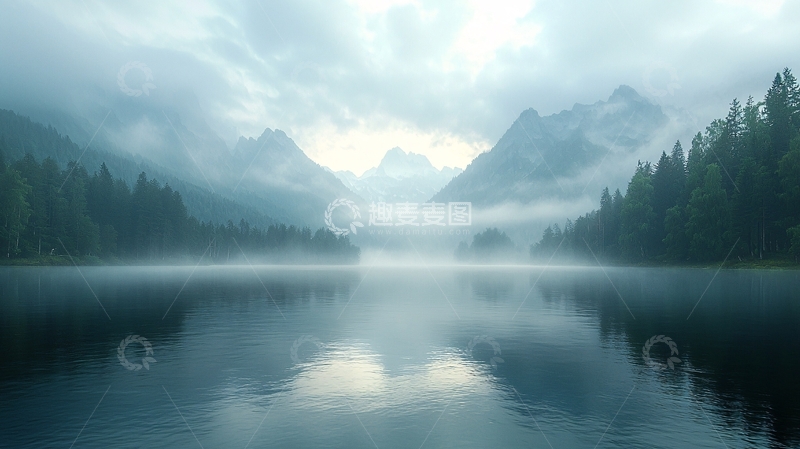 高清大图下载【趣麦麦图】宁静湖面山峦云雾缭绕
