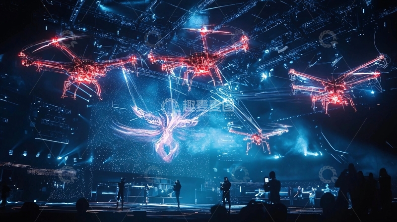 高清大图下载【趣麦麦图】夜空中飞行的发光无人机群