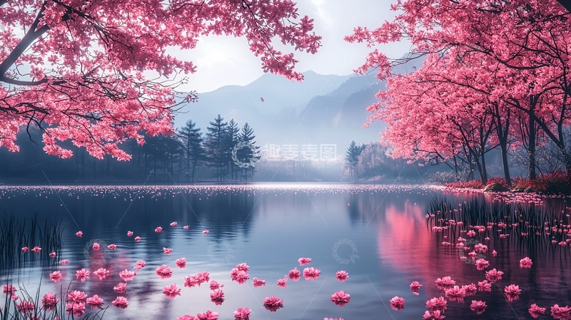 高清大图下载【趣麦麦图】湖边盛开的粉色花树