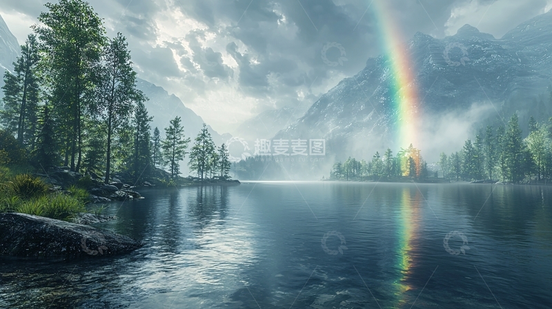 高清大图下载【趣麦麦图】山水间彩虹倒影湖面