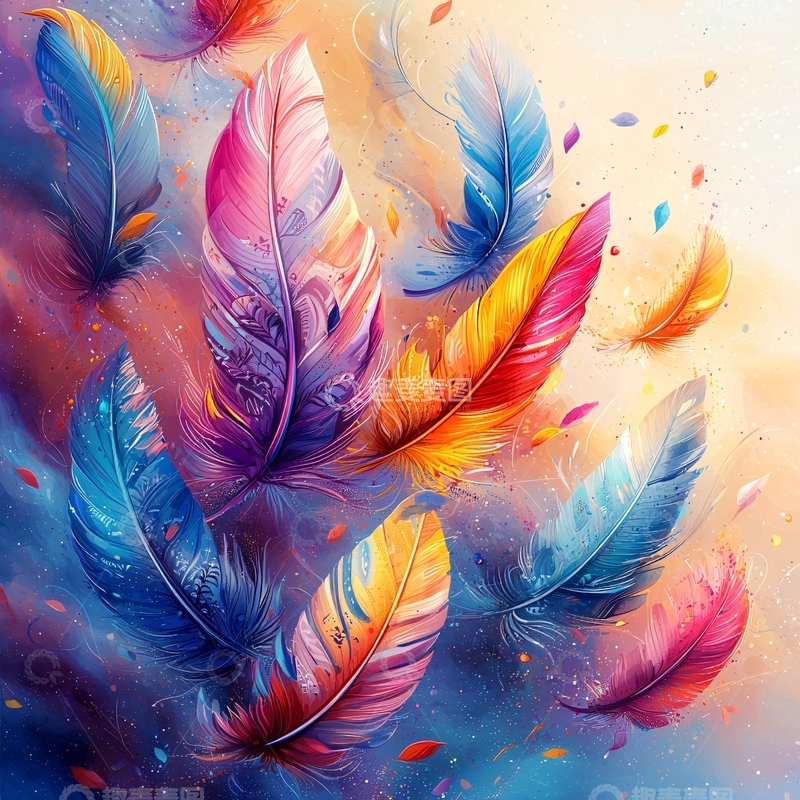 高清大图下载【趣麦麦图】彩色羽毛漂浮空中