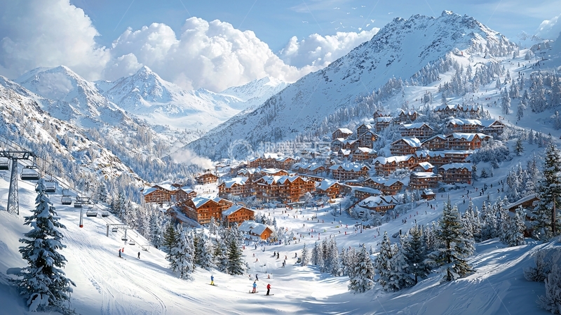 高清大图下载【趣麦麦图】雪山下的木屋村落