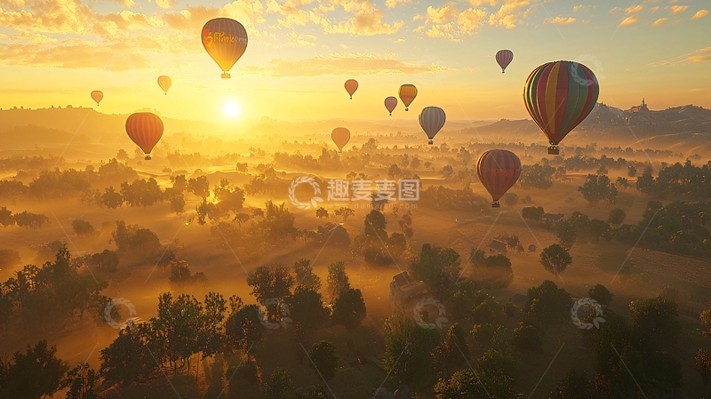 高清大图下载【趣麦麦图】热气球飞过金色日出森林