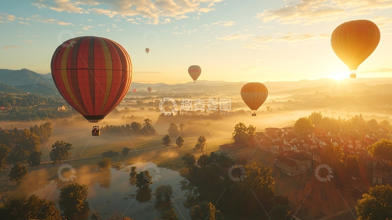高清大图下载【趣麦麦图】热气球在日出时分的空中飞行