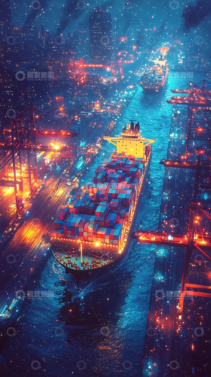 高清大图下载【趣麦麦图】夜间繁忙的集装箱港口
