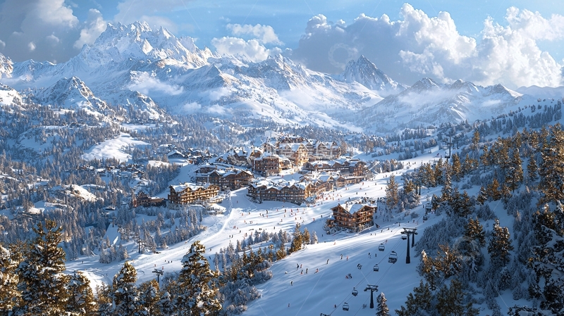 高清大图下载【趣麦麦图】白雪覆盖的山脉村庄