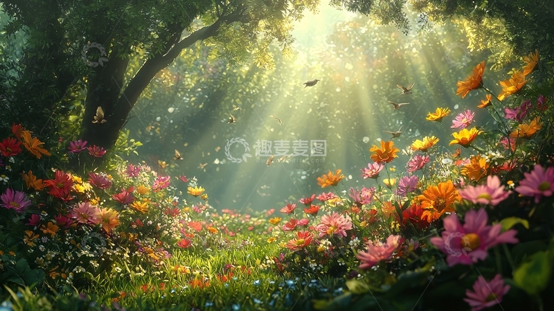 高清大图下载【趣麦麦图】阳光洒在花丛上的梦幻场景