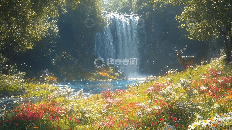 高清大图下载【趣麦麦图】郁郁葱葱的瀑布美景
