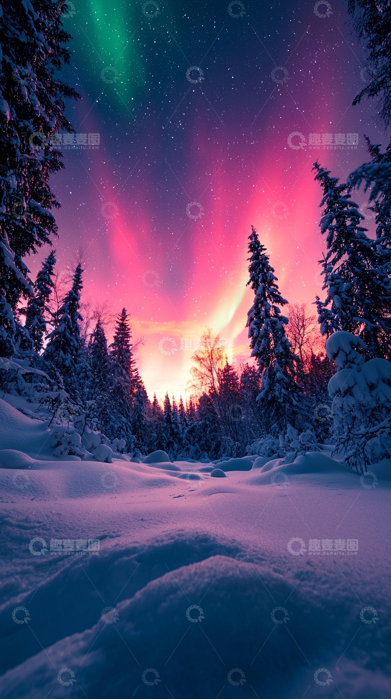 高清大图下载【趣麦麦图】极光下的雪地森林