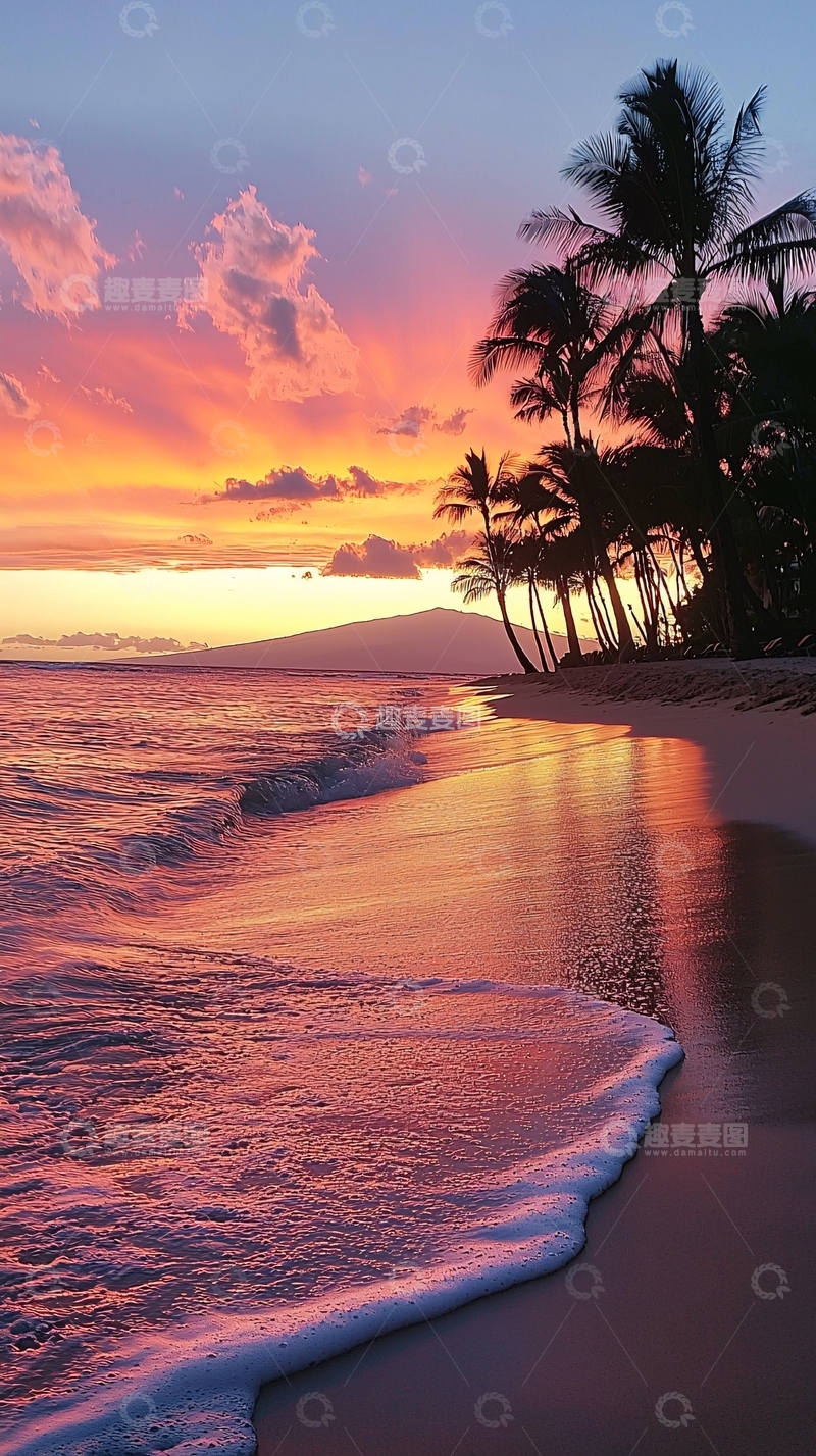 高清大图下载【趣麦麦图】粉色天空下的海滩日落