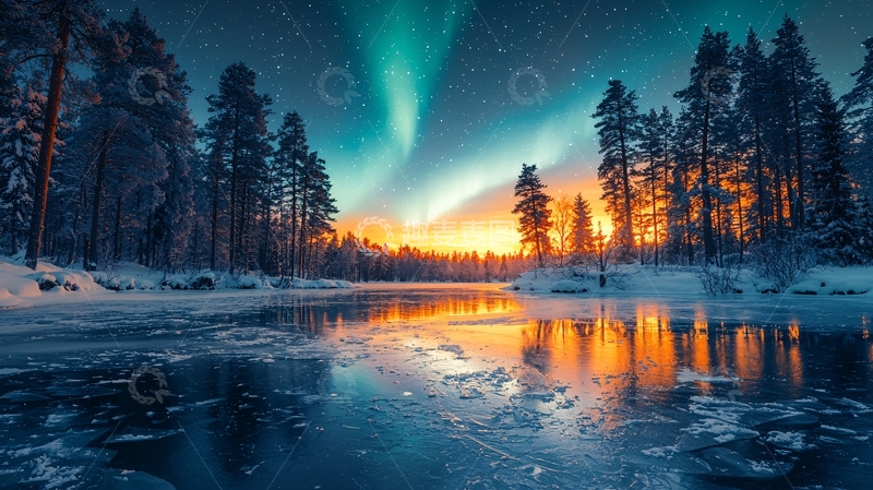 高清大图下载【趣麦麦图】极光下的冰雪森林