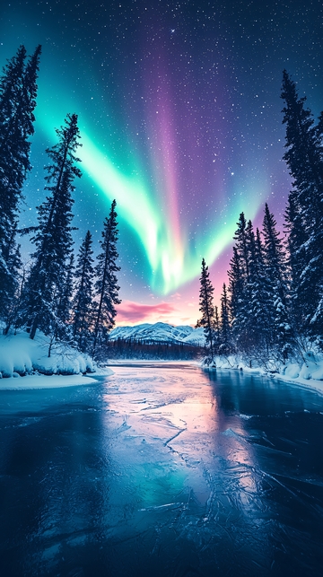 极光下冰雪覆盖的森林湖泊