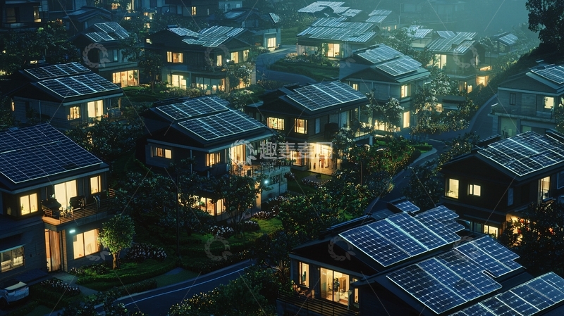 高清大图下载【趣麦麦图】夜晚灯光下的太阳能屋顶住宅区