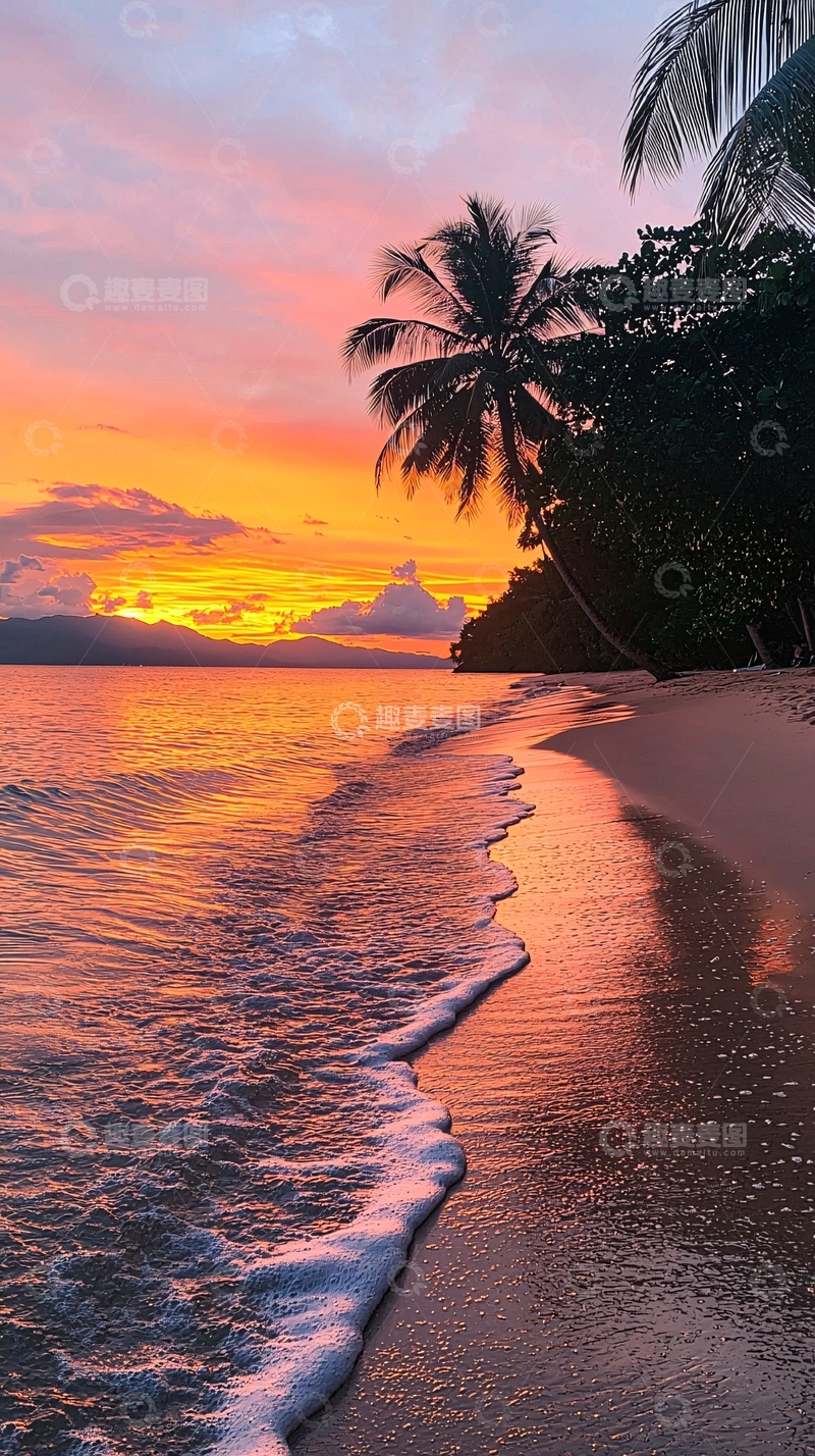 高清大图下载【趣麦麦图】海边日落椰树倒影唯美