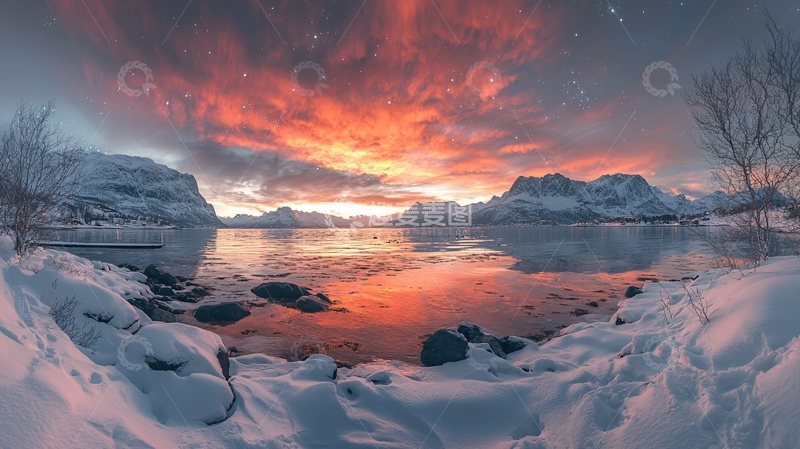 高清大图下载【趣麦麦图】极光下的雪山湖泊