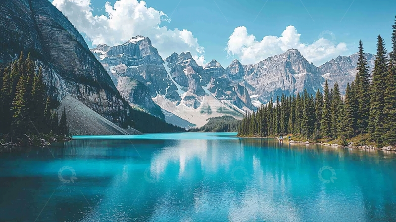 高清大图下载【趣麦麦图】平静湖面雪山森林